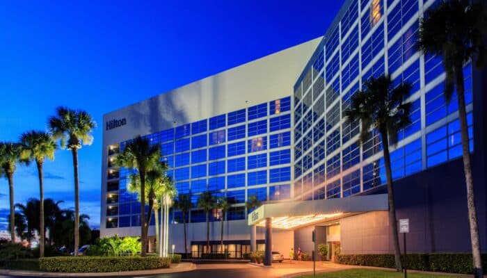 Hilton exterior at dusk